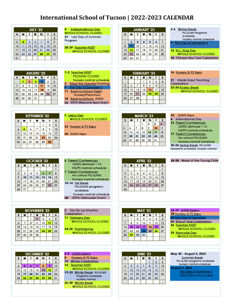 School Calendar International school of Tucson