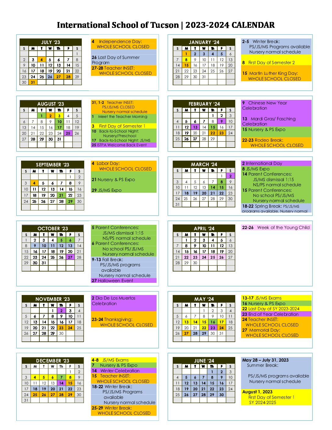 School Calendar International School Of Tucson